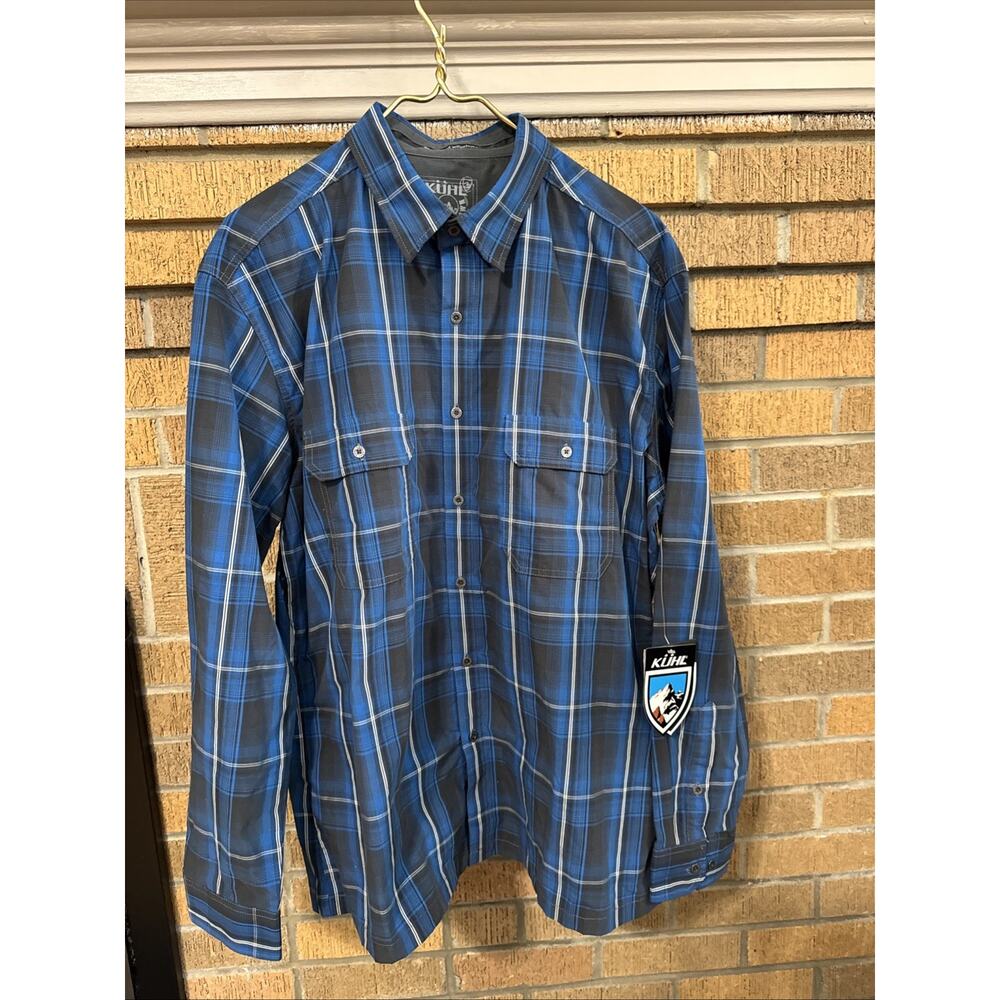 Kuhl Eluxur Plaid Shirt Blue Metal Button Up XL Mens, Long Sleeve Hiking, NEW